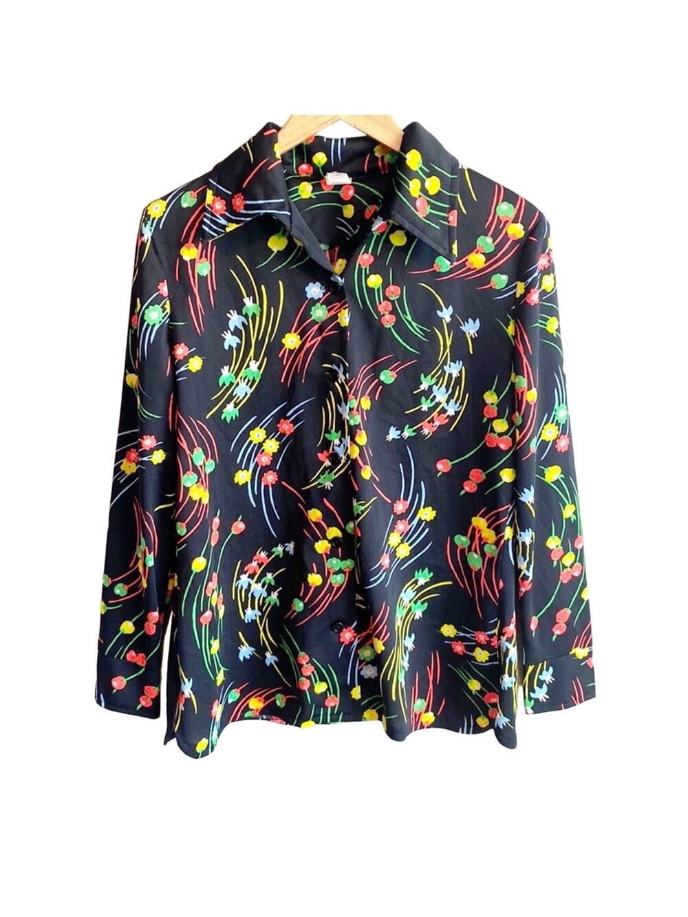 Vintage 70s bright floral novelty polyester Button Up Dagger Collar shirt 16